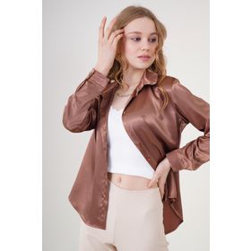 Bigdart 3964 Taba Hafif Dökümlü Saten Kadın Gömlek