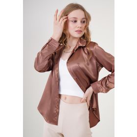 Bigdart 3964 Taba Hafif Dökümlü Saten Kadın Gömlek