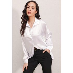 Bigdart 3985 Oversize Saten Beyaz Kadın Gömlek