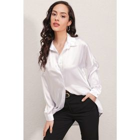 Bigdart 3985 Oversize Saten Beyaz Kadın Gömlek