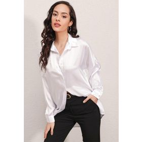 Bigdart 3985 Oversize Saten Beyaz Kadın Gömlek
