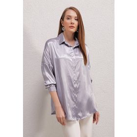 Bigdart 3985 Oversize Saten Lila Kadın Gömlek