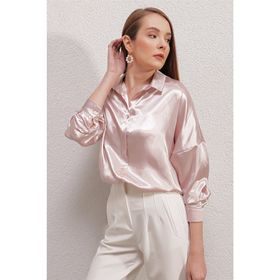 Bigdart 3985 Oversize Saten Lila Kadın Gömlek