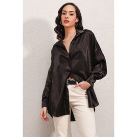 Bigdart 3985 Oversize Saten Siyah Kadın Gömlek
