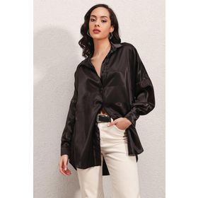Bigdart 3985 Oversize Saten Siyah Kadın Gömlek
