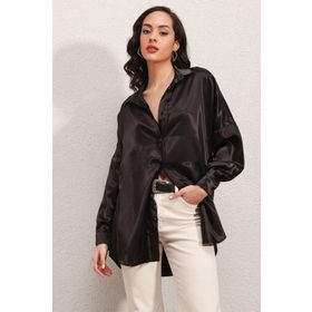 Bigdart 3985 Oversize Saten Siyah Kadın Gömlek