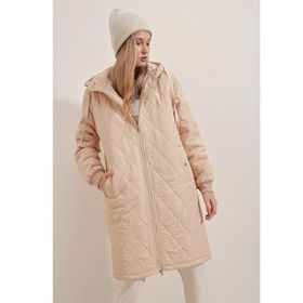 Bigdart 5138 Bej Kapitone Uzun Şişme Kadın Mont