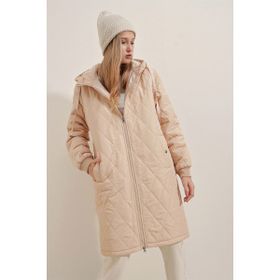 Bigdart 5138 Bej Kapitone Uzun Şişme Kadın Mont