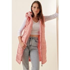Bigdart 5140 Pembe Kapüşonlu Uzun Şişme Kadın Yelek