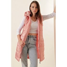 Bigdart 5140 Pembe Kapüşonlu Uzun Şişme Kadın Yelek