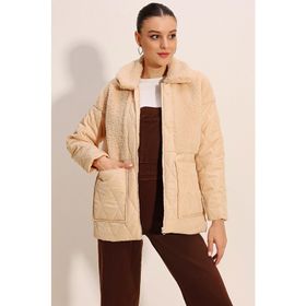 Bigdart 5182 Bej Peluş Detaylı Oversize Şişme Kadın Mont