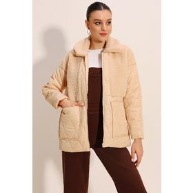 Bigdart 5182 Bej Peluş Detaylı Oversize Şişme Kadın Mont