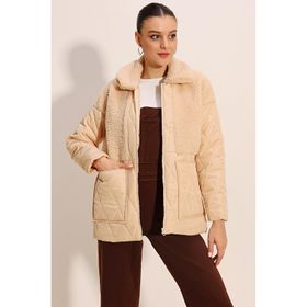 Bigdart 5182 Bej Peluş Detaylı Oversize Şişme Kadın Mont