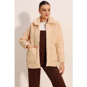 Bigdart 5182 Bej Peluş Detaylı Oversize Şişme Kadın Mont