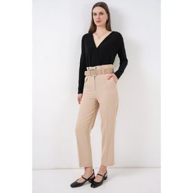 Bigdart 6556 Krem Kemerli Kumaş Kadın Pantolon