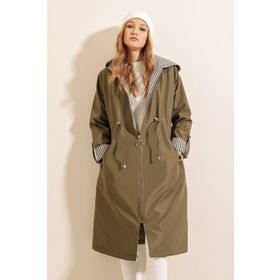Bigdart 9091 Haki Beli Büzgülü Kapüşonlu Kadın Trençkot