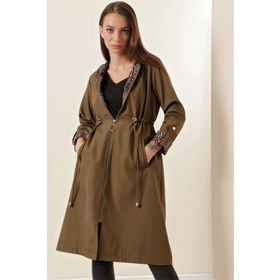 Bigdart 9091 Haki Beli Büzgülü Kapüşonlu Kadın Trençkot