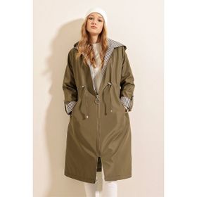 Bigdart 9091 Haki Beli Büzgülü Kapüşonlu Kadın Trençkot