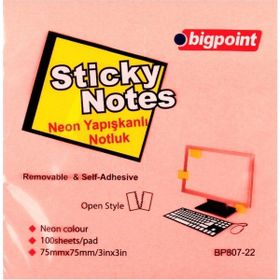 Bigpoint 75x75 MM 100 Yaprak Neon Pembe Yapışkanlı Not Kağıdı