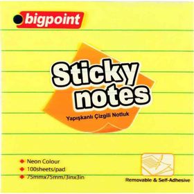 Bigpoint 75x75 mm Neon Sarı Yapışkanlı Not Kağıdı Çizgili