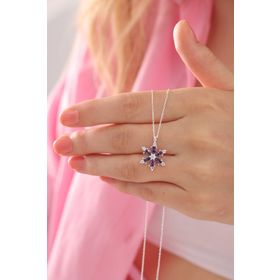 Bilsen Store LOTUS-0001 Kadın 925 Ayar Gümüş Zincirli Ametist Damla Taşlı Lotus Kamelya Çiçeği Kolye