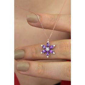 Bilsen Store LOTUS-0001 Kadın 925 Ayar Gümüş Zincirli Ametist Damla Taşlı Lotus Kamelya Çiçeği Kolye