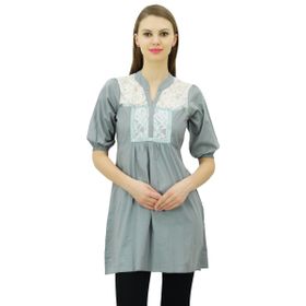 Bimba Kurti Düz Desen Dantel Puf Kollu Gri Kurta Kadın Tunik
