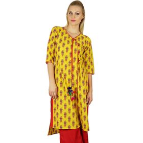 Bimba Kurti Etnik Hint Özel Geleneksel Baskılı Asimetrik Sarı Kurta Kadın Tunik