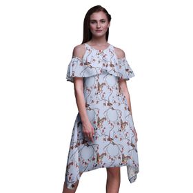 Bimba Swing Flutter Soğuk Omuz Açık Lavanta Mavisi Midi Kadın Elbise