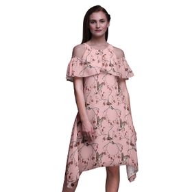 Bimba Swing Flutter Soğuk Omuz Açık Pembe Somon Midi Kadın Elbise
