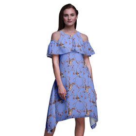 Bimba Swing Flutter Soğuk Omuz Lavanta Mavisi Midi Kadın Elbise
