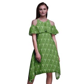 Bimba Swing Flutter Soğuk Omuz Yeşil Forest Green Midi Kadın Elbise