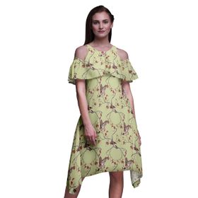 Bimba Swing Flutter Soğuk Omuz Yeşilimsi Bej Midi Kadın Elbise