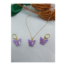 Binlerceal Altın Kaplama Lila Kelebek Kolye Küpe Çocuk Set
