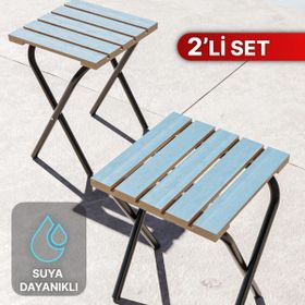Bino Kamp ve Bahçe 2 Adet Suya Dayanıklı Şık Ahşap Tasarım Mavi Kamp Bahçe Taburesi