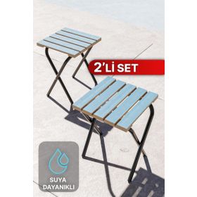 Bino Kamp ve Bahçe 2 Adet Suya Dayanıklı Şık Ahşap Tasarım Mavi Kamp Bahçe Taburesi