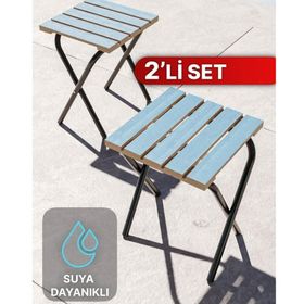 Bino Kamp ve Bahçe 2 Adet Suya Dayanıklı Şık Ahşap Tasarım Mavi Kamp Bahçe Taburesi