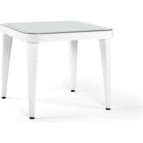 Bintaş Mobilya Rattan Plastik Temperli Camlı Beyaz Dış Mekan 90x90 cm Bahçe Masası