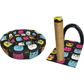 Bio Sand Desenli Simit Kedi Yatağı ve Tırmalama Seti Kedi Desenli