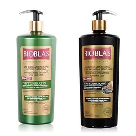 Bioblas 1000 ml Phytokeratin Kuru Yıpranmış Saçlar Saç Dökülmesine Karşı Şampuan + 1000 ml Siyah Sarımsak Özlü Tüm Saçlar için Saç Dökülmesine Karşı Şampuan