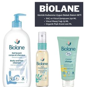 Biolane 75+100+750 ml Şampuan Masaj Yağı ve Organik Pişik Kremi Bebek Bakım Seti