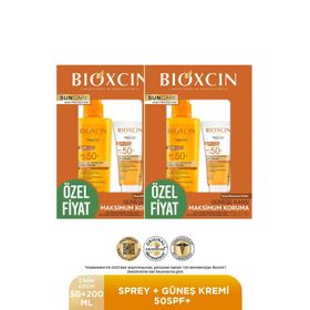 Bioxcin Sun Care SPF50 50 ml Yüz Güneş Kremi+Kuru Normal Cilt 2x200 ml Vücut Güneş Spreyi