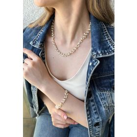 Birinci1926 14 Ayar 4 mm Altın Sallantılı İnci Kolye ve Bileklik 2'li Kadın Set