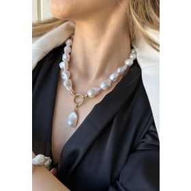 Birinci1926 14 Ayar Altın Halka Kilit Beyaz Barok İnci Kadın Kolye
