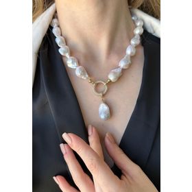 Birinci1926 14 Ayar Altın Halka Kilit Beyaz Barok İnci Kadın Kolye