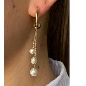 Birinci1926 14 Ayar Altın Kadın Küçük Halka Üç İnci Sallantılı Charm Küpe