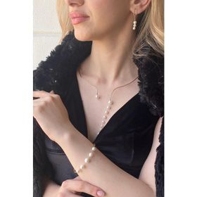 Birinci1926 14 Ayar Altın Sallantılı İnci Kolye ve Küpe Bileklik 3'lü Kadın Set