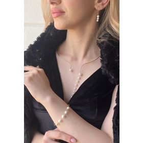 Birinci1926 14 Ayar Altın Sallantılı İnci Kolye ve Küpe Bileklik 3'lü Kadın Set
