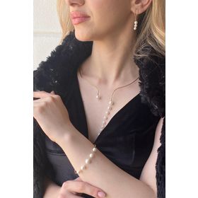 Birinci1926 14 Ayar Altın Sallantılı İnci Kolye ve Küpe Bileklik 3'lü Kadın Set