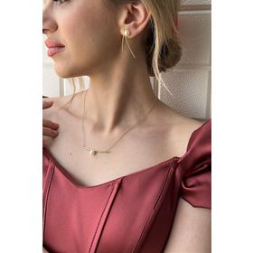 Birinci1926 14 Ayar Altın Tek İncili Kolye ve Küpe 2'li Kadın Set